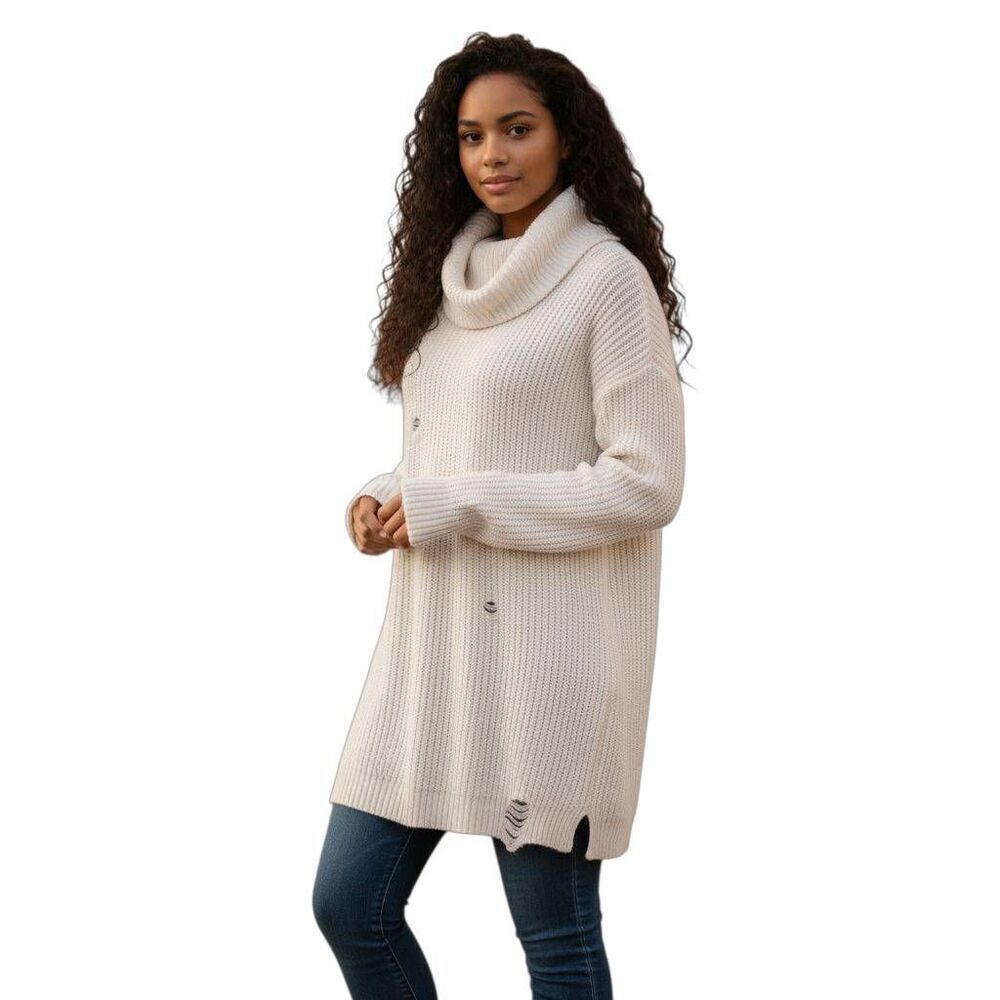 A NEW DAY DISTRESSED CREAM COWL-NECK SWEATER SZ.L EUC